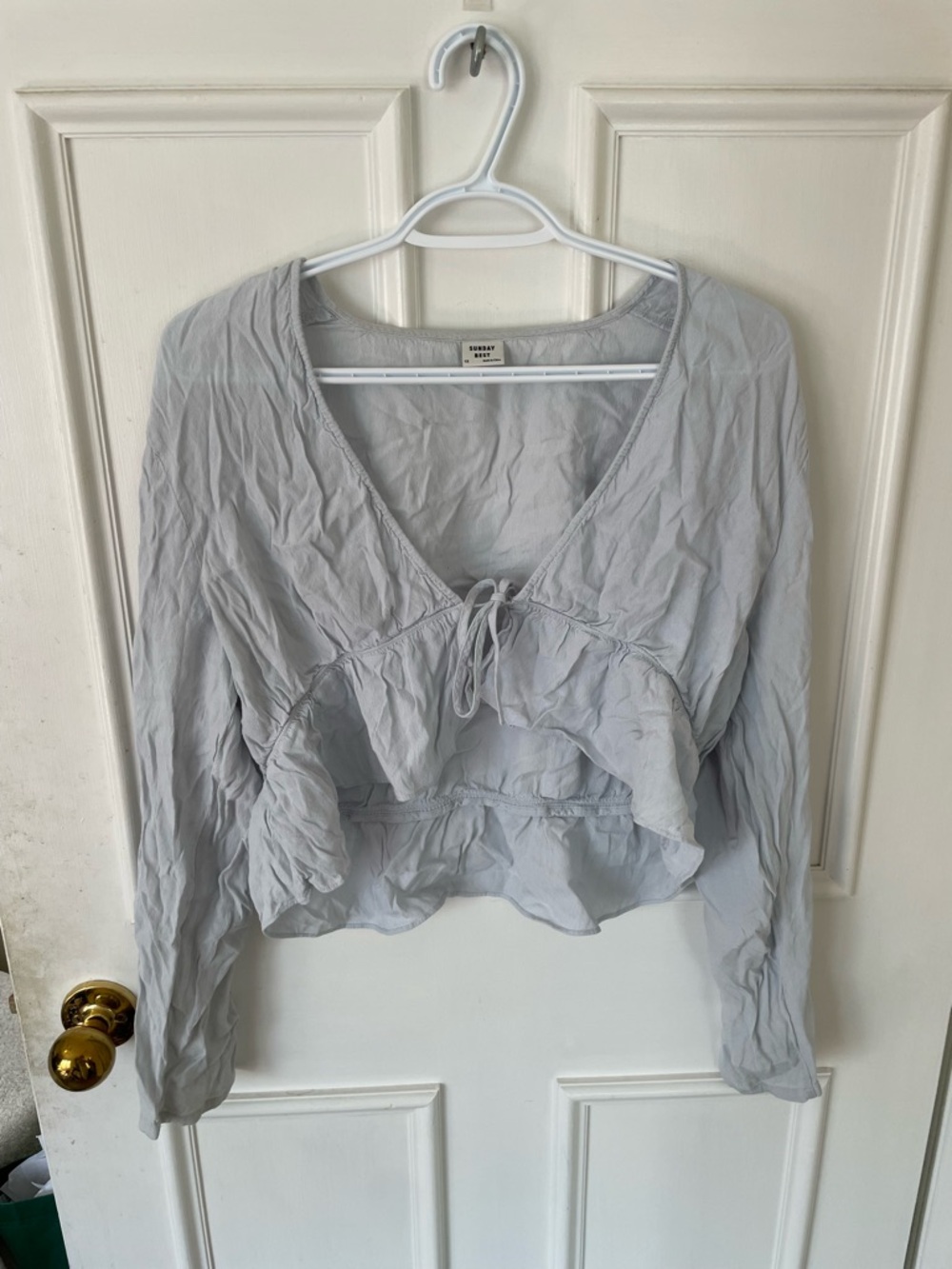 Aritzia Sunday Best Light Gray Ruffle Tie-Front Blouse 1X